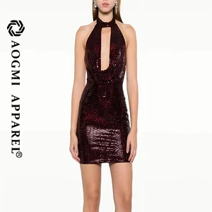 Haute Couture Eco-Friendly Fashion Ladies Summer New Design Sexy Backless Sequined Chiffon Halter Neck Sheath Gown Cut Cutout