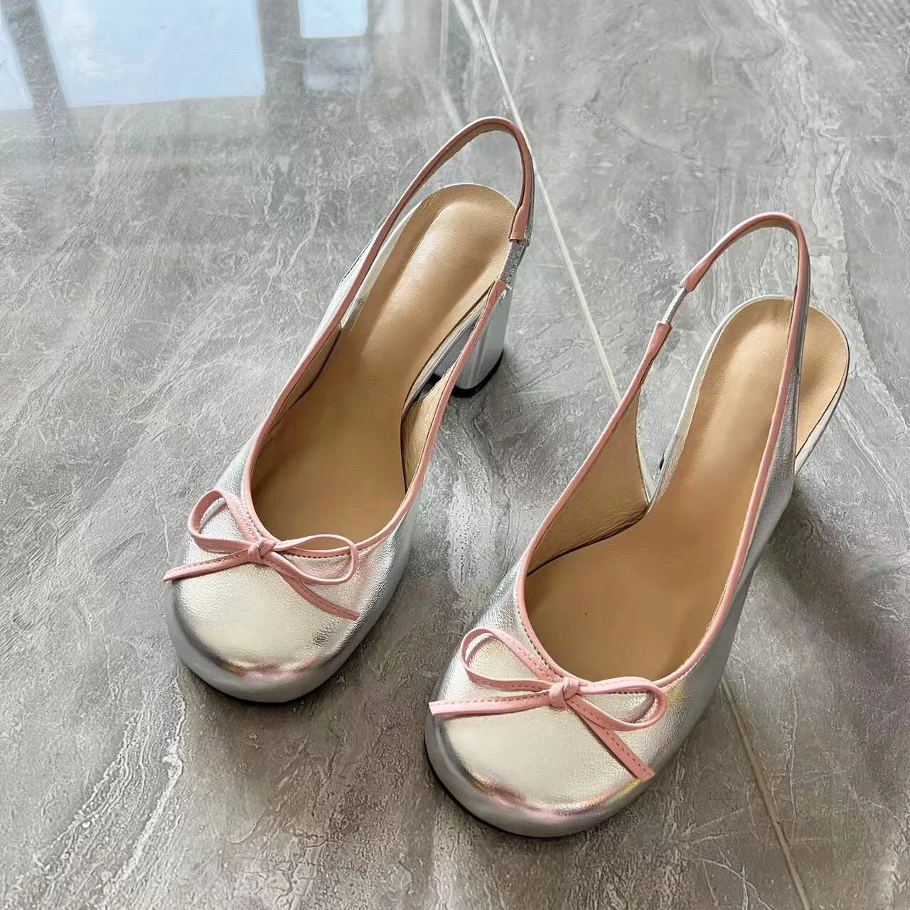 Fashion Ladies Sheep Leather Silver Slingback Pumps Round Toe Elegant Chunky Heels Women High Heels - Image 1