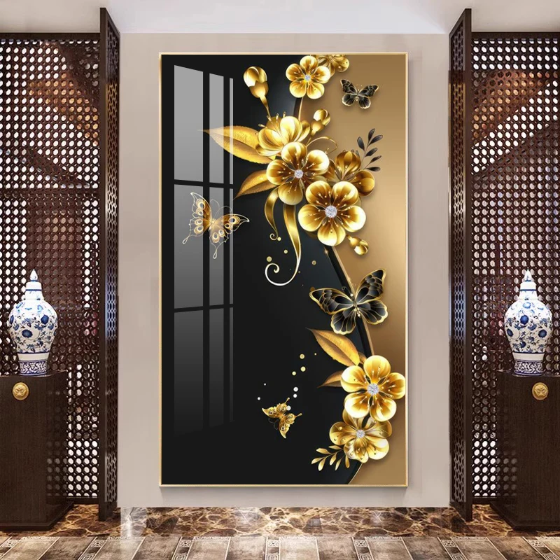 Factory Wholesale Custom Home Decoration Art Wall Art Crystal Porcelain Painting Abstract Golden Flowers Painting Led Light Art