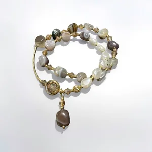 Handmade Natural Agate Pearl Beaded Bracelet with Gold Tone Accents Unique Irregular Stone Design Vintage Inspired Statement