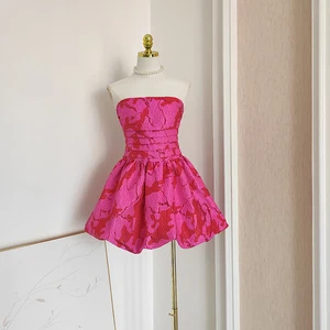 French-Style Gold-Line Jacquard Satin Dress Socialite Daughter's Waist-Length Slim-Fit Strapless Satin Party Gown Pleated