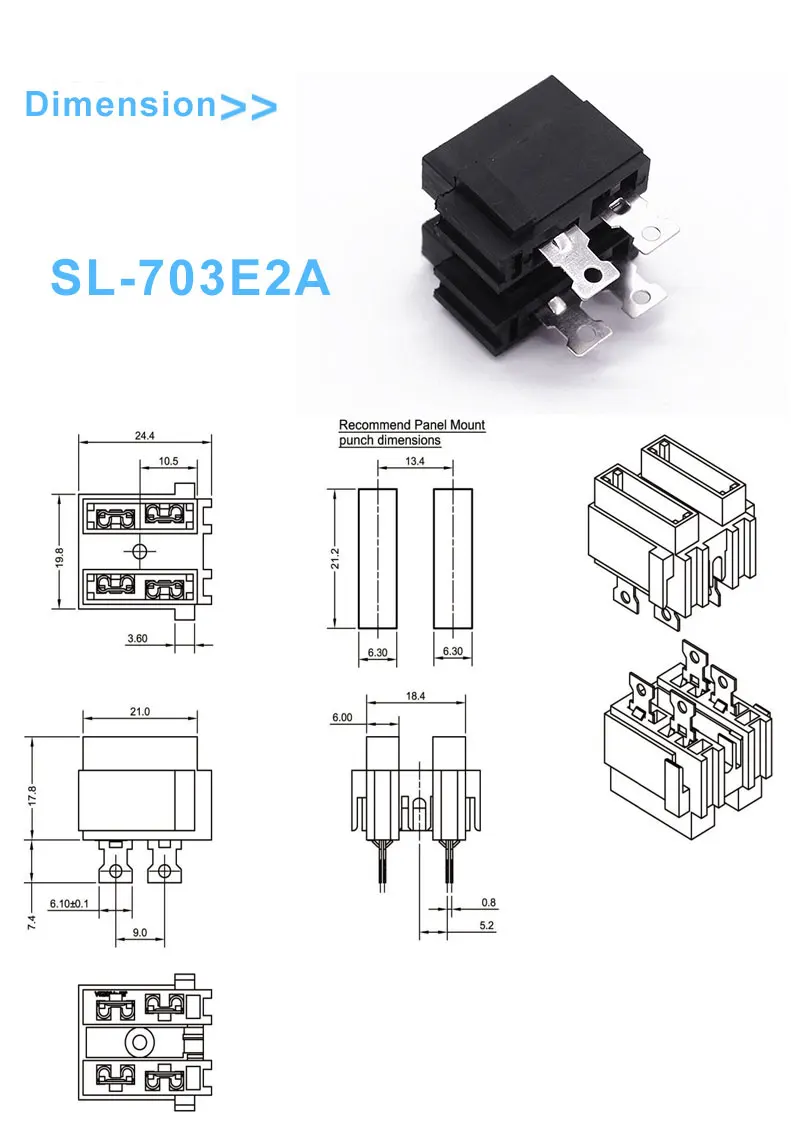 SL-703E2A 2 Poles Panel Mount Blade Fuse Holder with PA66 Material and Brass Terminal for Automotive Applications