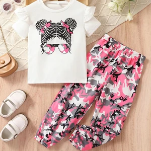 New Arrivals Summer Clothing Figure Graphic T-shirt Dot Wide Legs Pants Girls Set Personality Toddler Girl Clothes for Kids