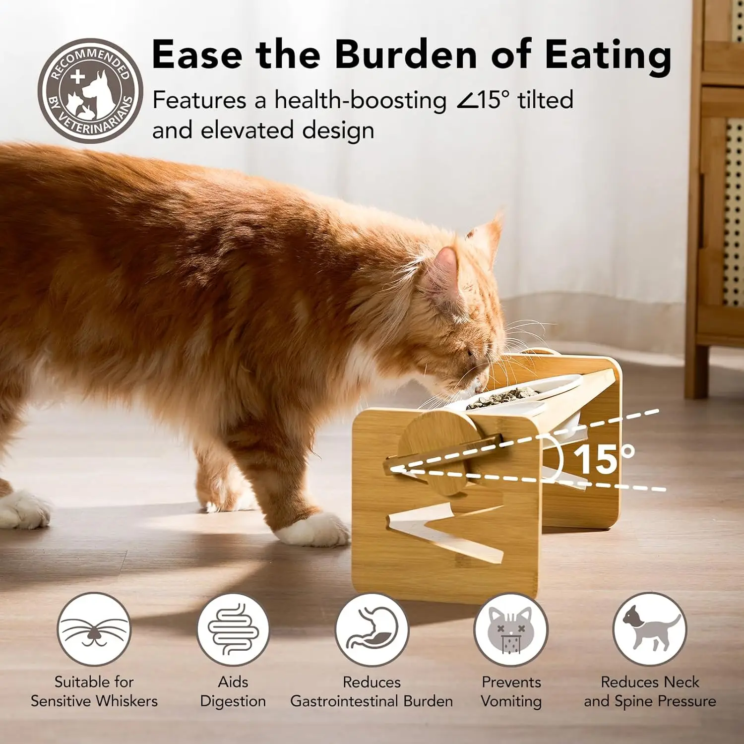 product bamboo ceramic 15 tilted raised cat bowls for indoor kidsadjustable anti vomiting dishwasher safe for food water-2