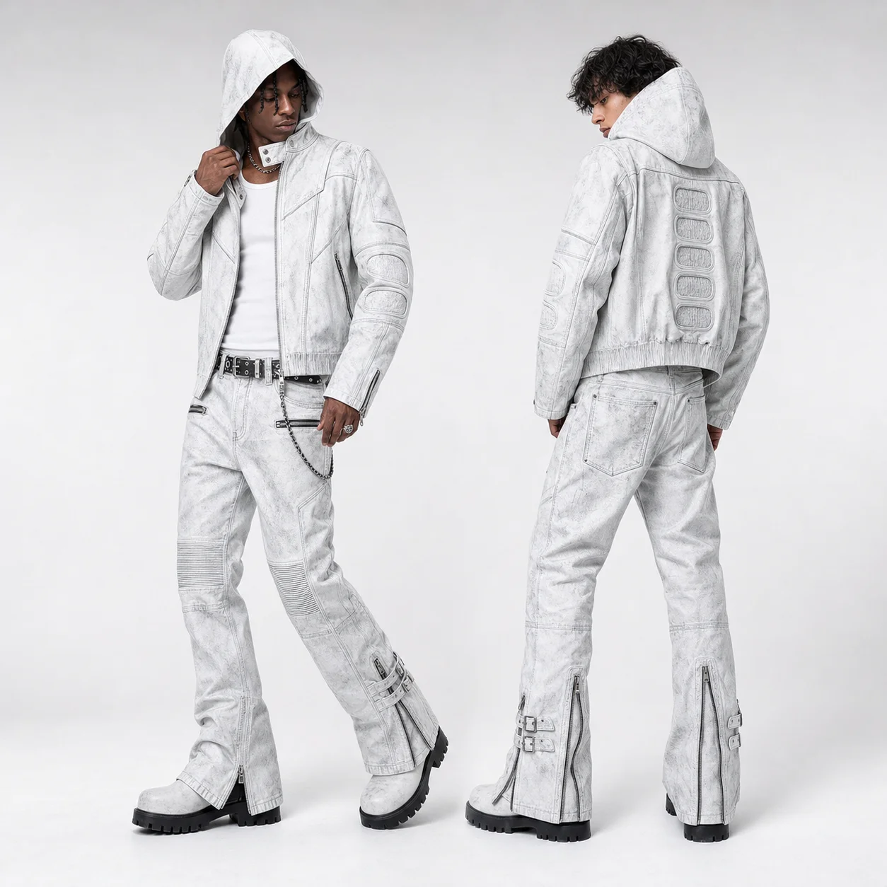 OEM Washed PU Leather Jacket Pants Set Zipper Biker Moto Style Streetwear Supplier Fashion Winter Fit Wear Men Leather Set gallery 2