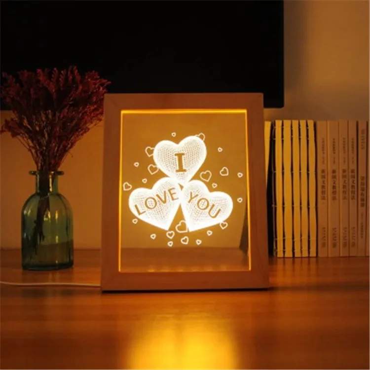 High Quality Customized 5V USB Powered Wooden LED Photo Frame 3D Night Light With Blank Acrylic Sheet