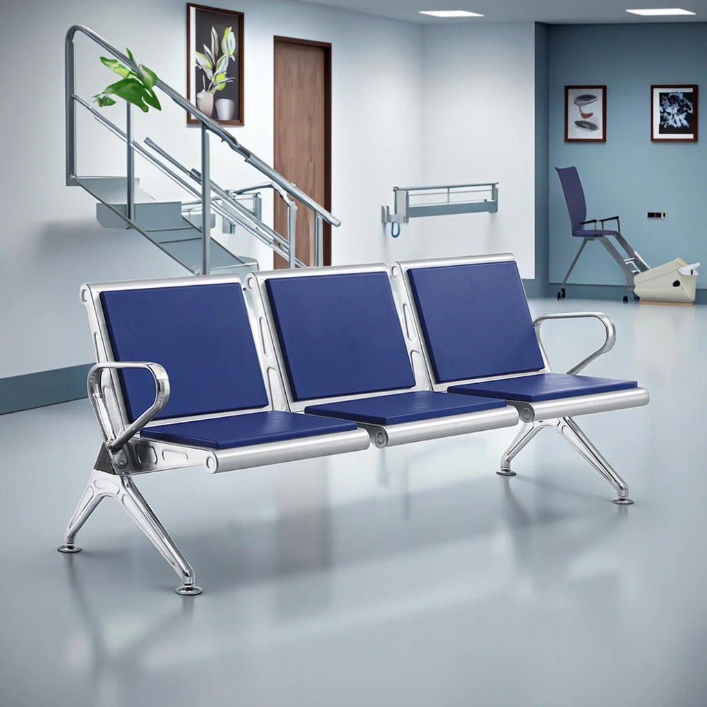 Wholesale Blue Waiting Room Chairs 3 Seats PU Leather Seat Cushion Stainless Steel Waiting Chairs for Airports Hospitals 6