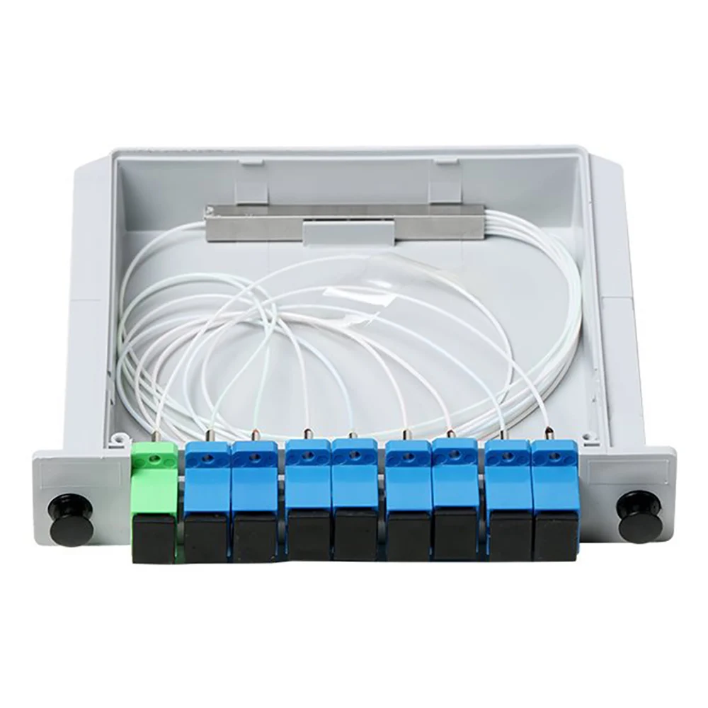 SC UPC-veseloptiese PLC-skeider 1x8 kaarttipe, vinnige installasie, enkelmodus ABS-kas, hoëpresisie-signaalverspreidingsoplossing