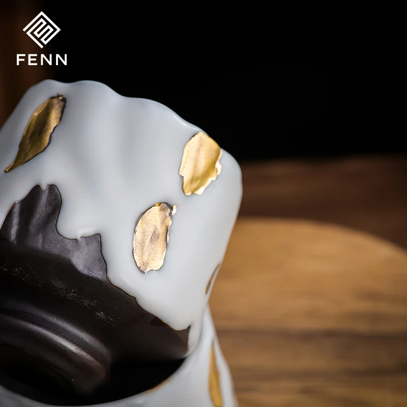 FENN Japanese teacup ceramic coffee cup irregular edge feature design cups body variety of Luxury grey with golden tea cups