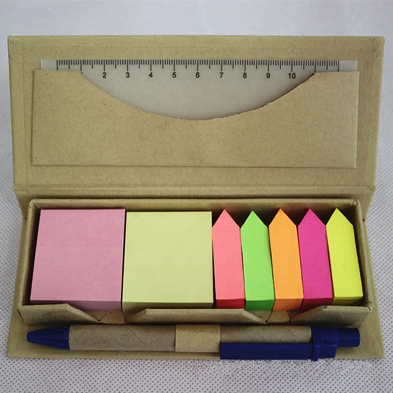 Adhesive Sticky Note Memo Pad With Pen and Ruler in Kraft Paper Box