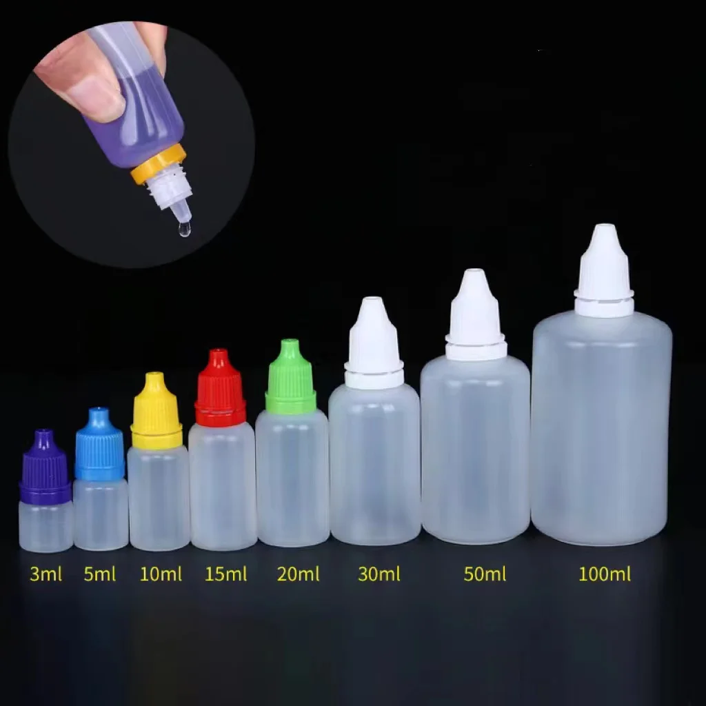 Wholesale 3 ml 5 ml 10 ml 15 ml 20 ml 30 ml 50 ml and 100 ml PE Plastic Soft Eye Glue Squeeze Dropper Bottles
