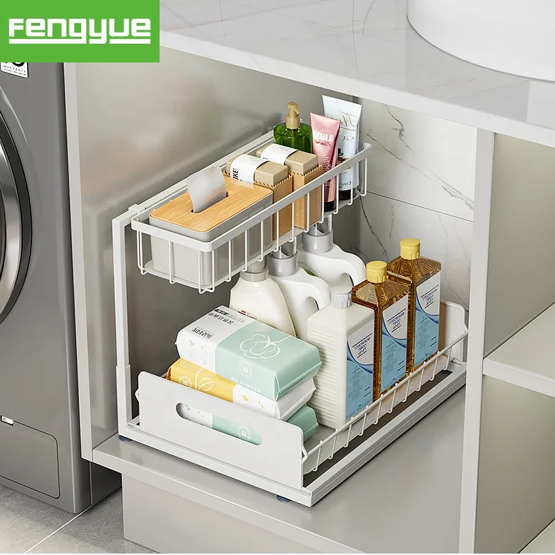 Modern Under Sink Organizer 2 Tier Sliding Drawer Storage Holders Rust Proof Metal Frame for Kitchen Cabinet