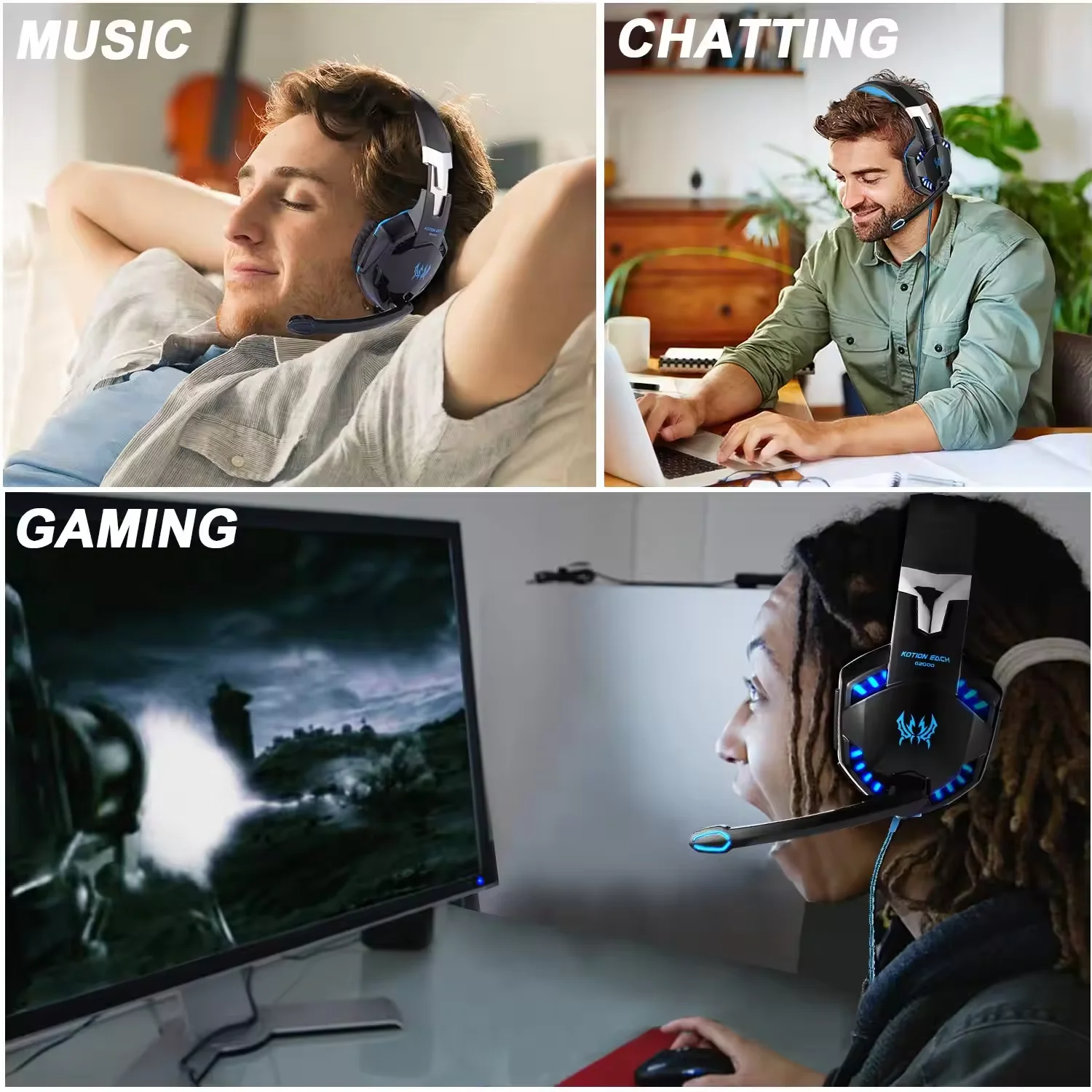 G2000 Noise Cancelling Gaming Headphones with Mic Led Light Over Ear Wired Headset for PC Game