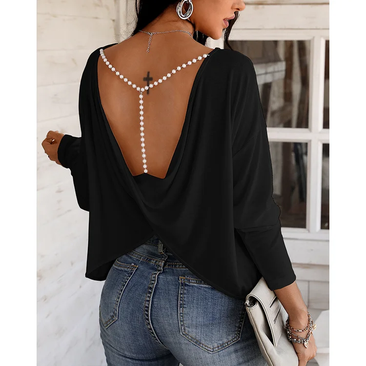 Camiseta De Manga Larga Con Espalda Descubierta Para Mujer,Top Sexy De  Color Sólido A La Moda,Top Informal Elegante - Buy Camisa De Mujer Top  Casual,Elegante Para Las Mujeres,Mujer Tops De Moda Product