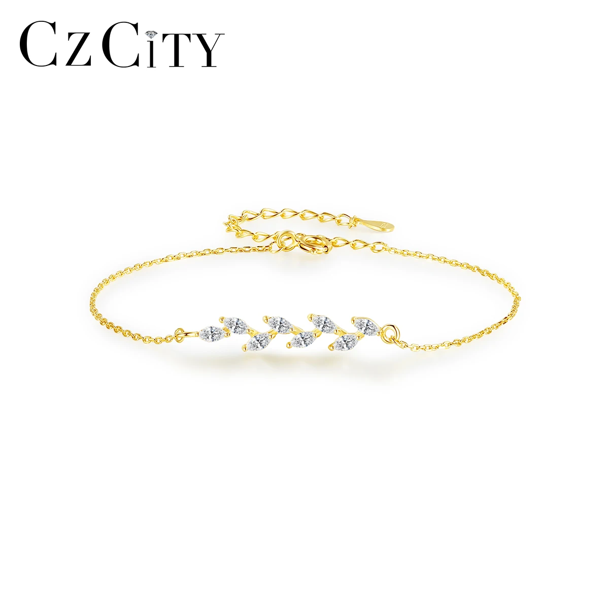 CZCITY Designer CZ Charm Hand Dainty 925 Link Chain Adjustable Charm Leaf Sterling Silver Bracelet