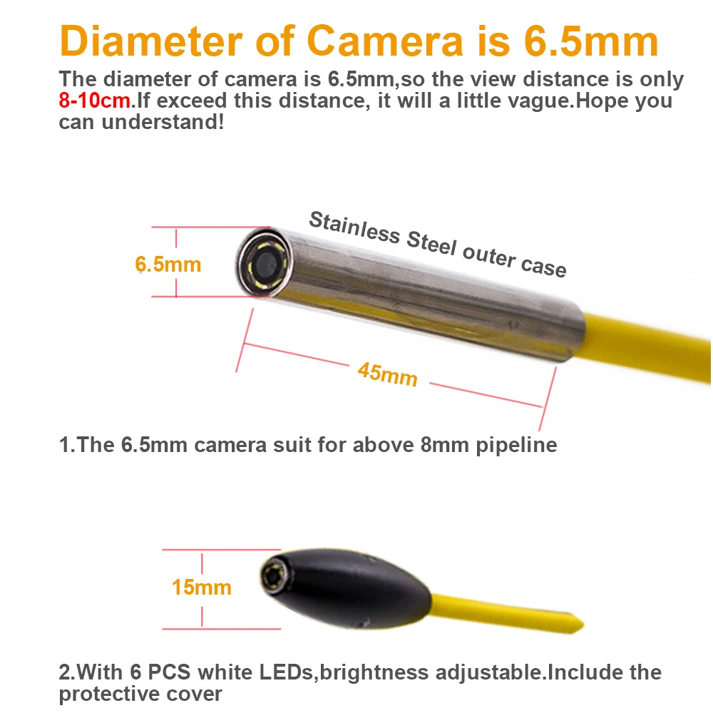 Factory 6.5MM Pipe Inspection Camera IP68 Waterproof with 6 High Bright LEDs Lights 