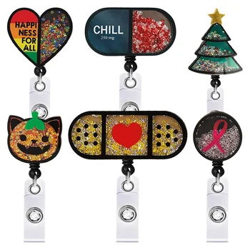 New Glitter Nurse Badge Reel Medical Nurse Shaker Badge Holder Pill Ribbon Pumpkin Christmas tree for Office School Student