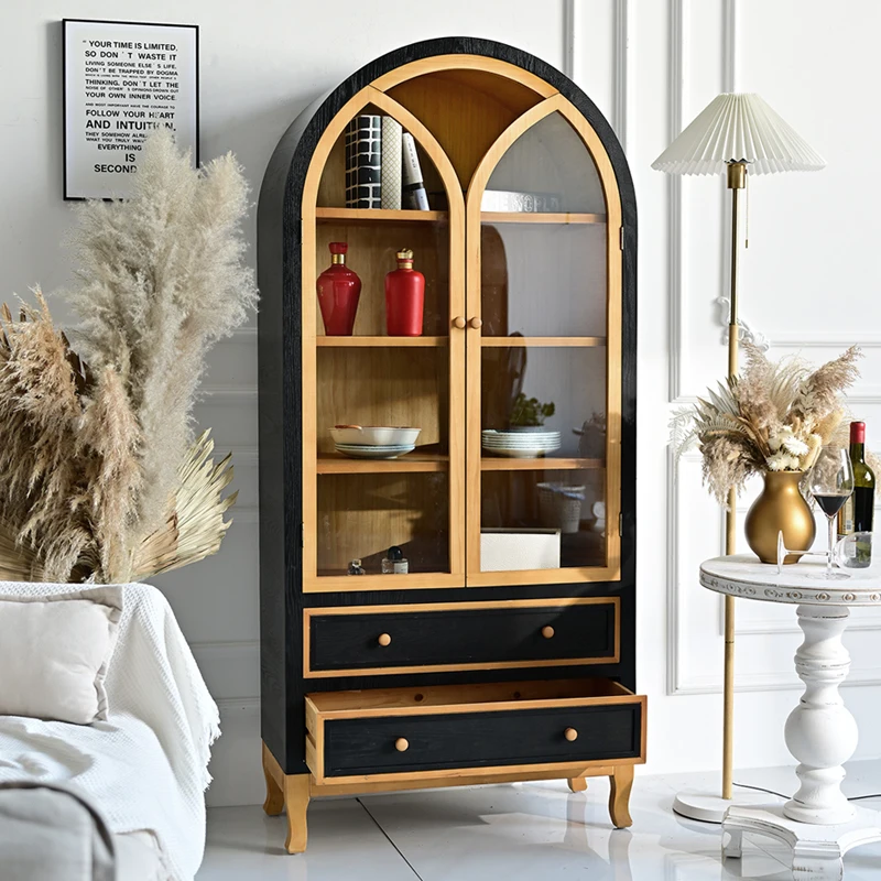 INNOVA Home Modern Arch Design White Black Wooden Kitchen Dining Storage  Drawer Cabinet with Glass Door for Home Bar Living Room