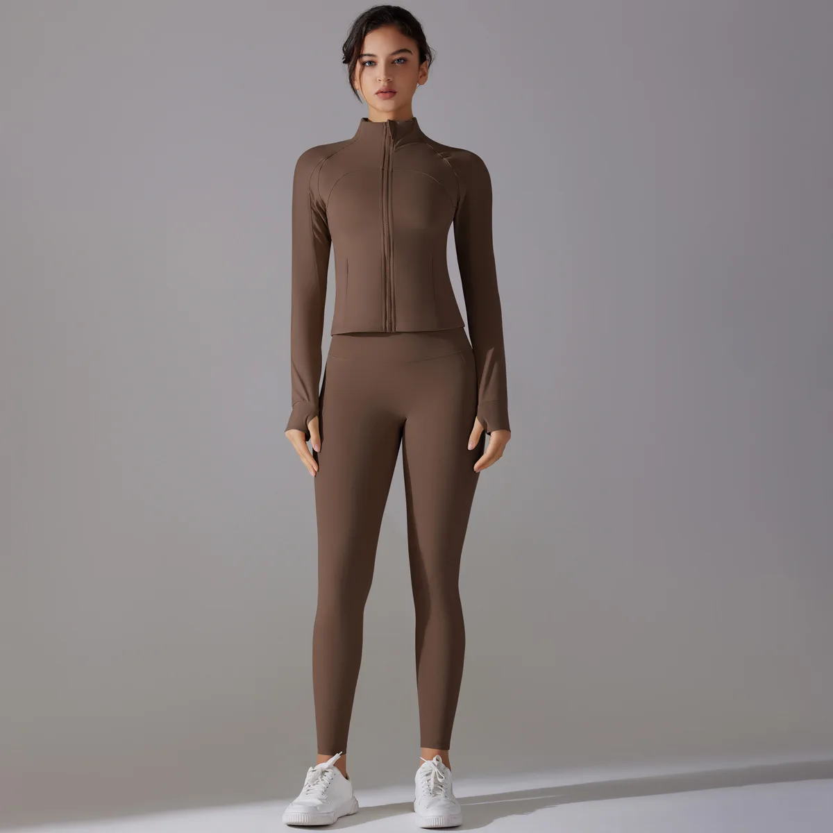 Stand Collar Zipper Long Sleeve Solid Breathable Yoga Wear High Waist Hip Lift Tight Pan detail
