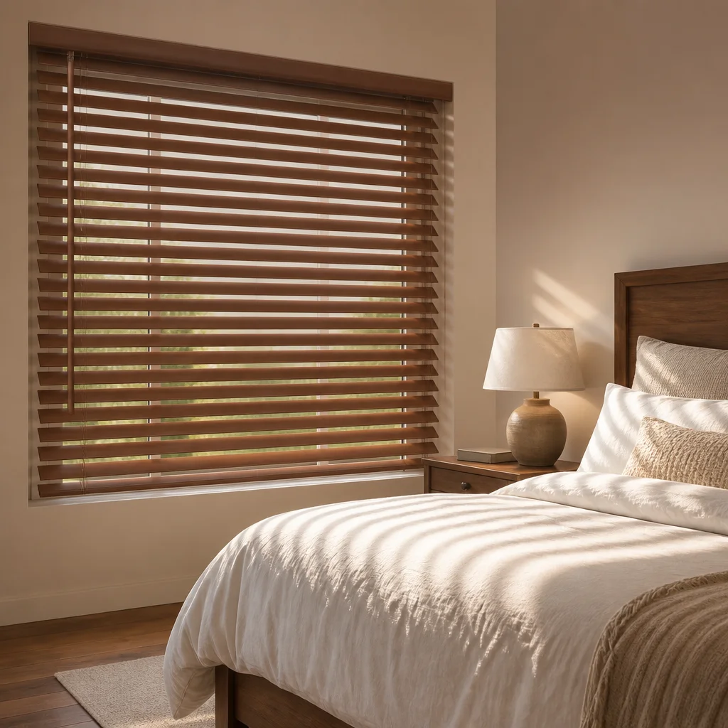 50 mm Paulownia-hout Horisontale Venesiese blinders met gevarbeerde kleur, kantelstokkie, trekkoord en ladderstring vir slaapkamerprivaatheid in aangepaste grootte