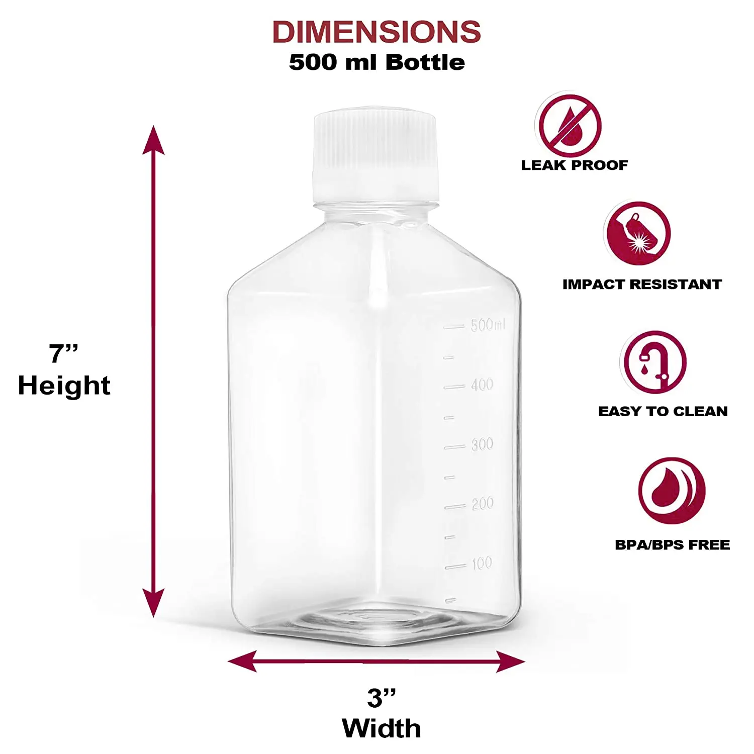 500ml Plastic Reagent Bottle Laboratory Chemical Storage Clear Graduated Square Polycarbonate Plastic Leakproof Bottles