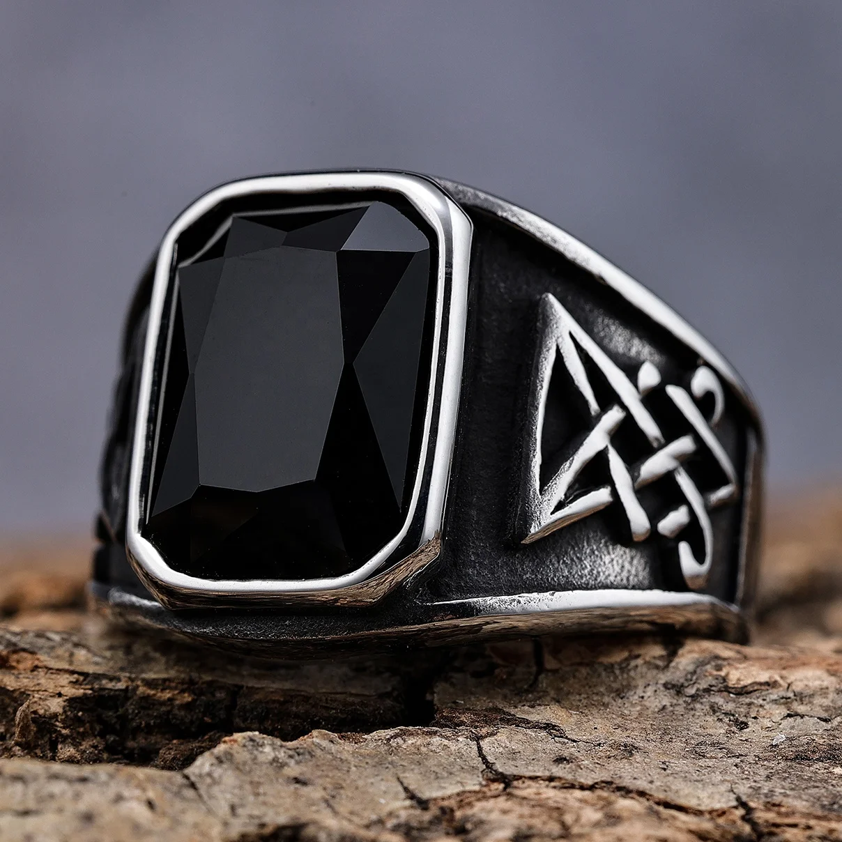 Anillos Vintage Lucifer Morningstar de acero inoxidable Punk satánico  piedra lunar negro ágata Sigil Signet anillos para hombres y mujeres