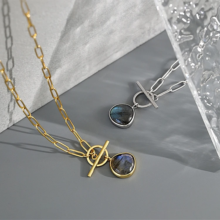 Natural Labradorite Gemstone Charm Thick Paperclip Toggle Chain 18k Gold Vermeil Jewelry 925 Sterling Silver Necklace for Women