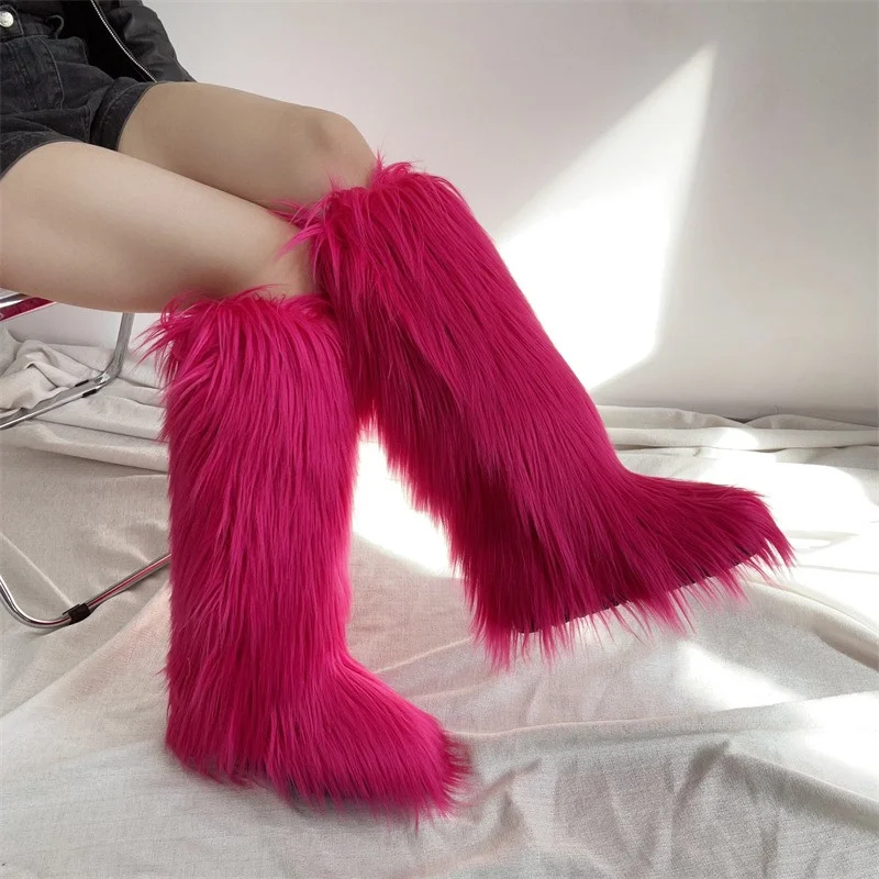 2024 Trendy Fluffy Footwear Women's Faux Fur Knee-High Boots