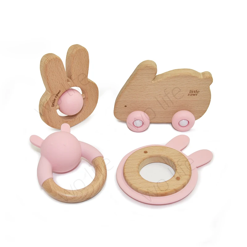 Silicone Wooden Cute Cartoon Animal Toys Sets Teether Rattle Toy Choose One Baby Silicone Wooden Combination Toys For Children