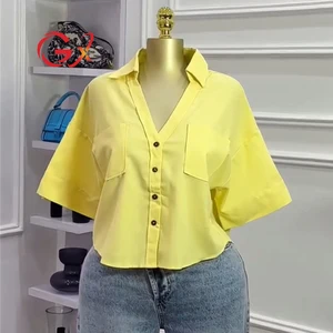 GX3077 Fashion 2026 Summer Women's Clothing Boutique Half Sleeve Turn Down V-Neck Printed Tops Sexy Women Blouse Casual Shirt