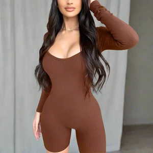 Factory Wholesale One Piece Sports Wear Women Sexy Gym Wear Custom Ribbed High Stretch Ribbed Long Sleeve Fitness Yoga Wear