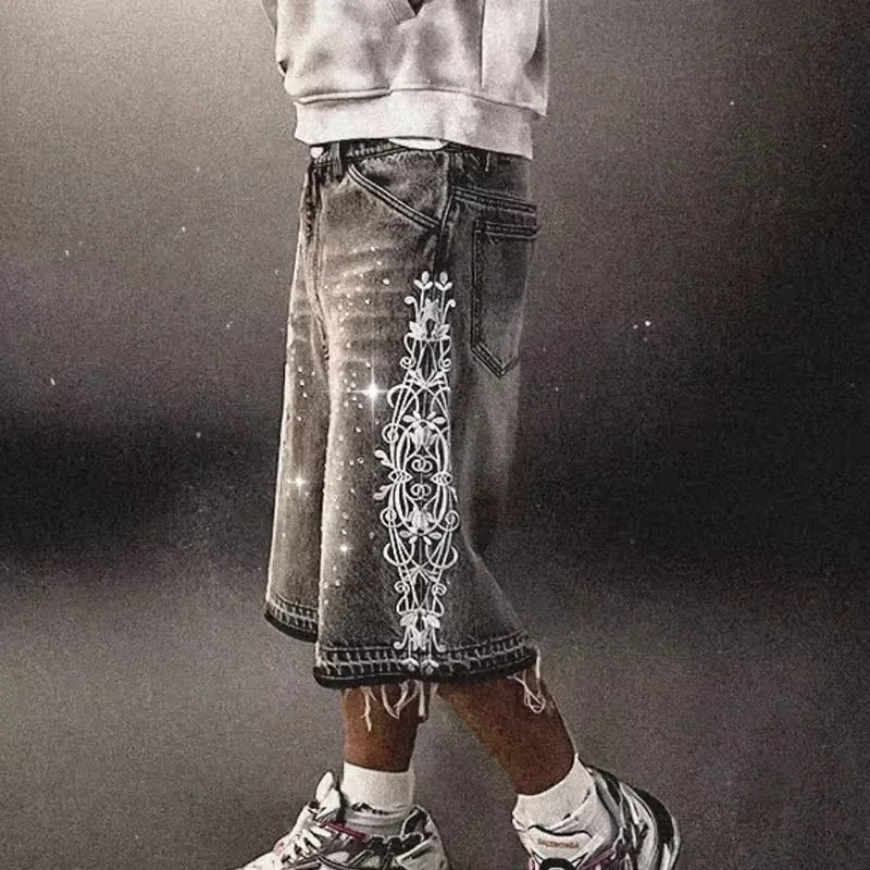 2025 Men's Custom Embroidery Patchwork Vintage Washed Cotton Denim Black Cargo Distressed Knee Length Rhinestone Jorts Shorts gallery 2