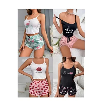 OEM Fashion Spaghetti Strap Women's Pajamas Letter Graphic Printed Short Pyjamas Nightgown for Women Casual Sleepwear Suit