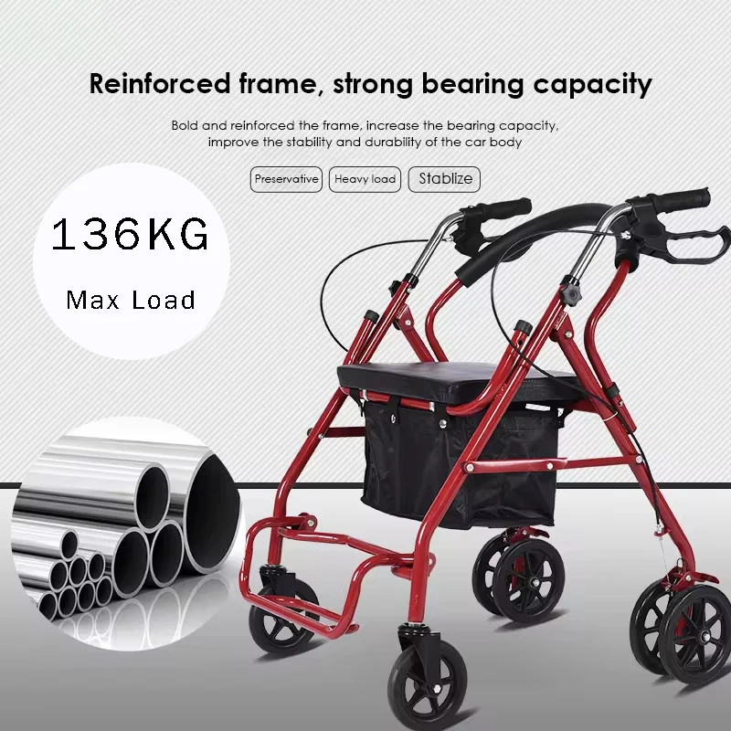 Factory Outlet Rollator Folding Walker Portable Patient Adjustable Shopping Medical Outdoor Steel Rollator Walker with Seat
