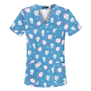 2026 Cotton Printed Elastic Nurse Gown Scrub Sets Breathable Hospital Nursing Scrub Skin-Friendly Wholesale Beautiful Scrubs Top