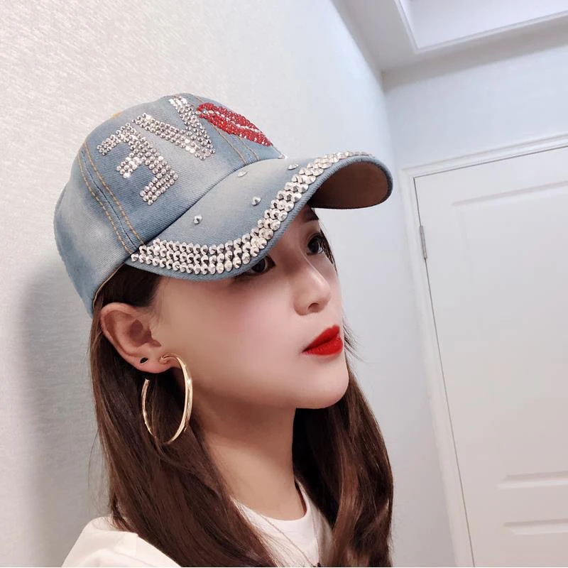 Women Distressed Denim Baseball Cap Rhinestone Jeans Bejeweled Crown  Sparkle Bling Hat