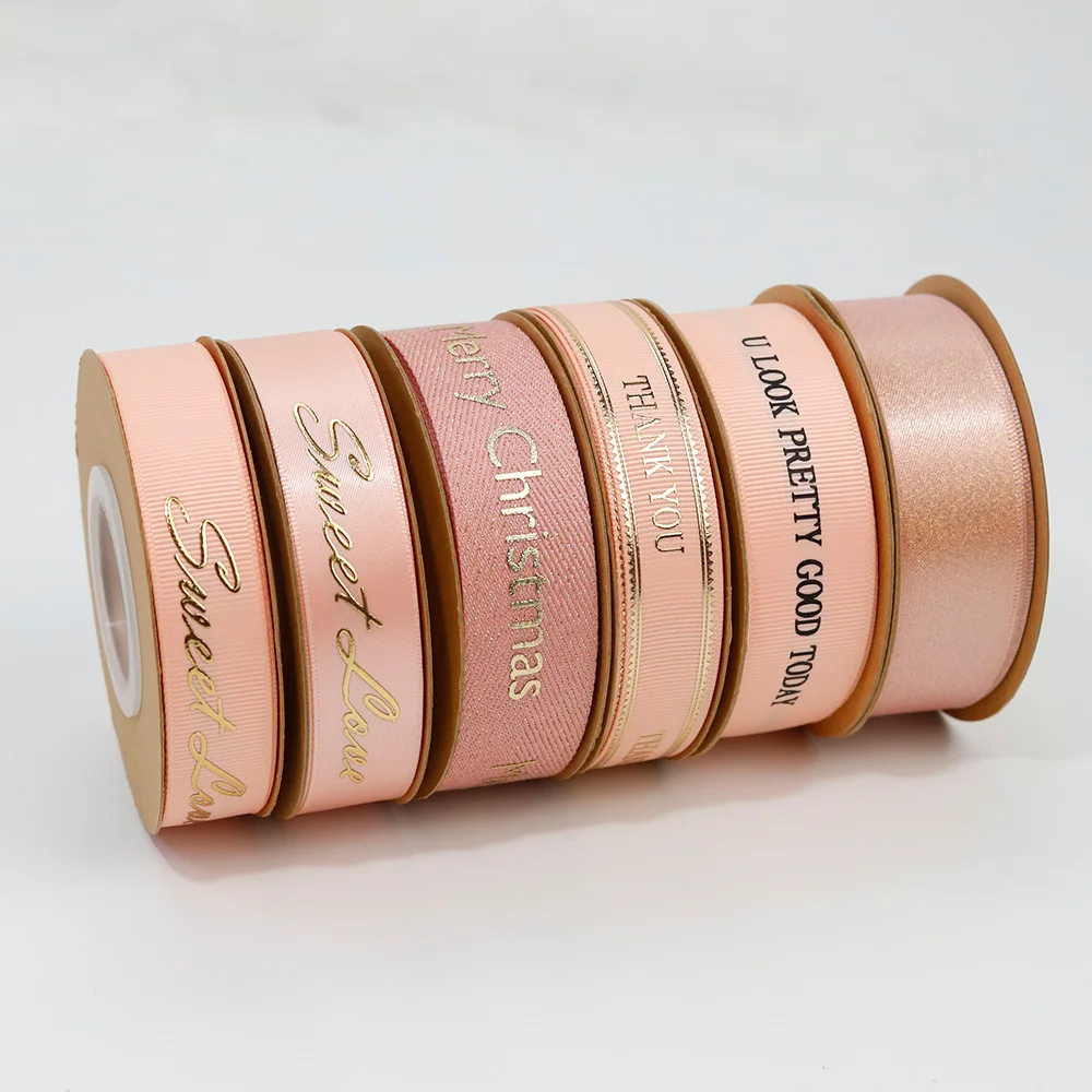 Customized Packing Ribbon Custom Printed Satin Ribbon Logo Rose Gold Foiled Logo Gift Wrapping Satin Ribbon for Packing