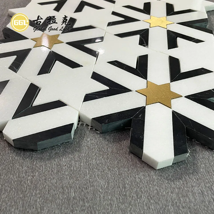 Hot Selling White Mosaic Star Shape Marble Tile Inlay Brass Stone Black Wall Floor Mosaic Tile details