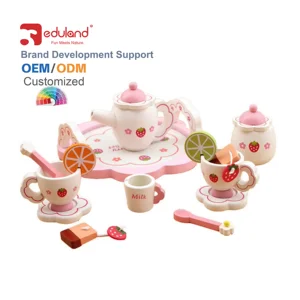 EDULAND Children's Wooden Kitchen & Food Pretend Play Tea Set Toy for Afternoon Tea Role-Play Preschool Box for Kids