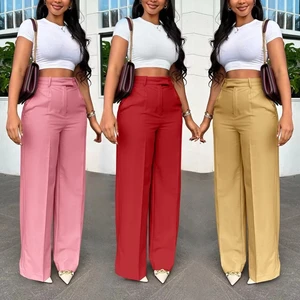 latest design fashion women trouser Solid Color Elegant Casual Ladies High Waist Wide Leg Trousers Women's Straight Pants