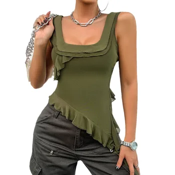 European and American Women's 2024 Spring and Summer Solid Color Sleeveless U-Neck Mesh Top Fashion woman's Clothing