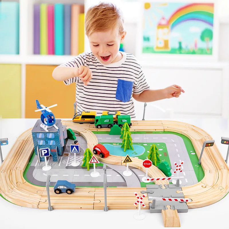 Road Train Set 108 Pcs Road Train Track Set Toys Wooden Children's Educational and ...