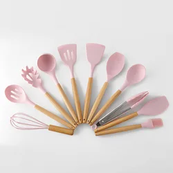 Hot Sale 11Pcs Cute Non Toxic Food Grade Wooden Handle Kitchen Utensils Gadgets Tools Set Silicone Cookware Cooking Utensils Set