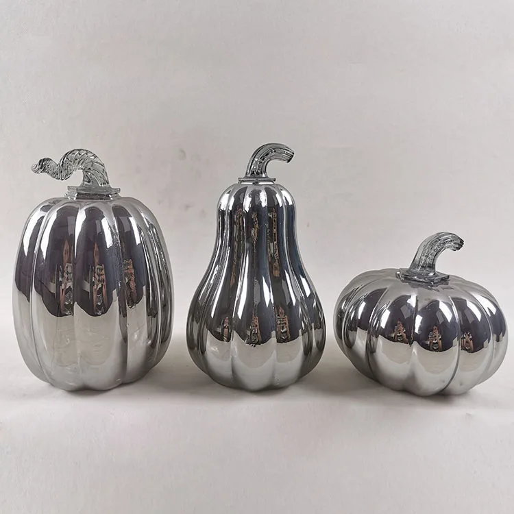 Wholesale custom electroplating silver glass led halloween gift decoration pumpkin lights decor ideas for halloween decorating