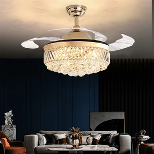 Led Ceiling Fan Crystal Light with Remote Control Modern Dining Rectangular Chandelier Pendant Fan Lamp 42 Inch