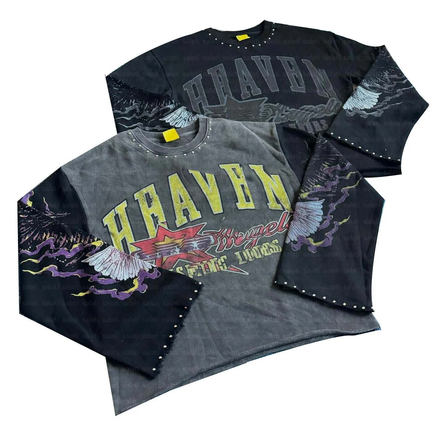 For Wholesale Stud Flared Long Sleeve Print Men's T-shirt Vintage Oversized Acid Wash Cotton Quick Dry Breathable Casual gallery 6