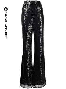 Haute Couture Fashion Ladies Solid Color 3D Sequin Embroidery High Elastic Waist Viscose/Polyester Casual Harem Trousers