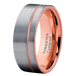 Coolstyle Jewelry 8mm Pipe Cut Offset Line Rose Gold Tungsten Carbide Ring for Men Women Fashion Engagement Wedding Band