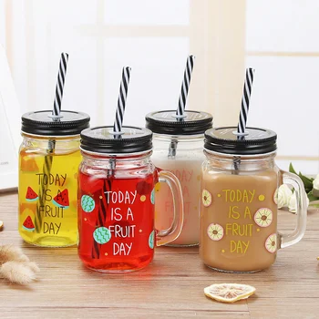 450ml Summer Transparent Fruit Creative Mason Glass Cold Drink Cup With Lid And Straw