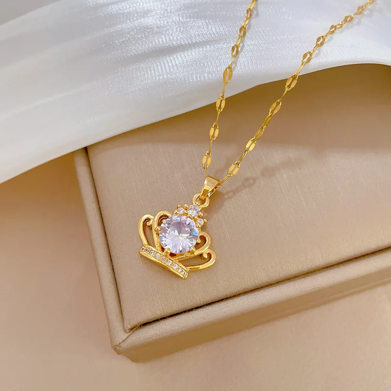 Ins Gold Plated Stainless Steel Link Chain Crown Necklace Bling Crystal  Zircon CZ Crown Choker Necklace Dainty Jewelry